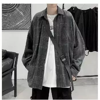 Повседневная мужская рубашка. Модная свободная и универсальная клетчатая рубашка с длинными рукавами. Осенняя куртка. M чёрный