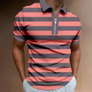 Повседневная мужская рубашка-поло на молнии с полосатым принтом и контрастными цветами S розовый