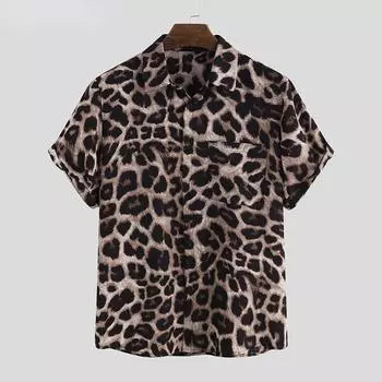 Повседневная мужская рубашка с леопардовым принтом, летние гавайские рубашки с короткими рукавами и модными топами с принтом S