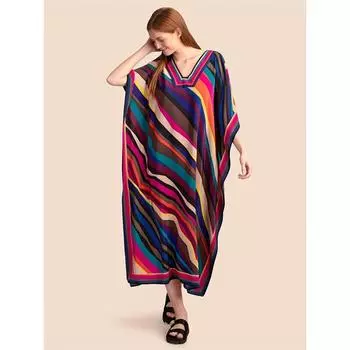 Повседневная накидка больших размеров, женская большая накидка в полоску с цветными блоками и принтом, V-образный вырез, рукав «летучая мышь», макси-накидка One-size темно-синий