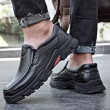 Повседневная обувь для активного отдыха, мужская натуральная кожа, весна и осень, толстая подошва, износостойкая рабочая обувь, черные кожаные туфли с большим носком, мужская обувь для папы 38