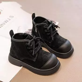 Повседневная обувь для девочек, нескользящая, простая, детская, модная, кожаные ботинки для мальчиков, весна и осень, новые детские, хлопковые, нескользящая 36 чёрный