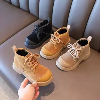 Повседневная обувь для девочек Нескользящая Простая детская мода Ботинки из кожи для мальчиков Весна и осень Детская хлопковая обувь Нескользящая 36 чёрный