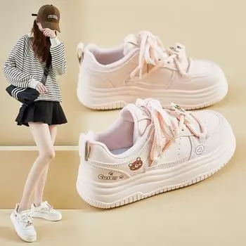 Повседневная обувь для ходьбы для женщин. Удобные кроссовки из искусственной кожи со шнуровкой на толстой платформе. Нескользящие теннисные кроссовки. Женские дышащие кроссовки для бега. 35 розовый