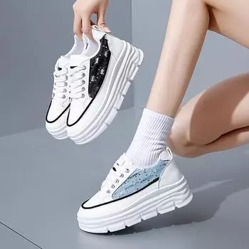 Повседневная обувь для ходьбы для женщин. Удобные кроссовки из искусственной кожи со шнуровкой на толстой платформе. Нескользящие теннисные кроссовки. Женские дышащие кроссовки для бега. 35 джинсовый синий