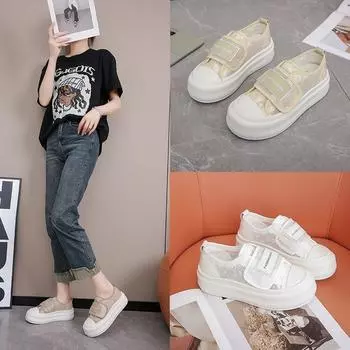 Повседневная обувь из кружевной сетки, летняя, на липучке, толстая подошва 5 см, дышащая, сотни студенческих спортивных женских туфель 35 хаки