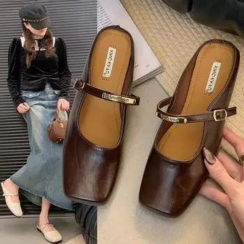 Повседневная обувь из мягкой кожи с серебряным ремешком и пряжкой, модные туфли на плоской подошве, элегантные блестящие туфли-лодочки с металлическим блеском, тапочки с закрытым носком 35 коричневый