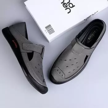 Повседневная обувь из натуральной кожи для мужчин, новые модные мужские мокасины, мягкие сандалии, дышащие туфли-лодочки, универсальные туфли с отверстиями для мужчин 37 чёрный