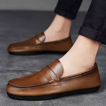 Повседневная обувь из натуральной кожи для мужчин, модные мужские туфли класса люкс, мокасины, дышащие туфли без застежек для отдыха и прогулок 38 чёрный