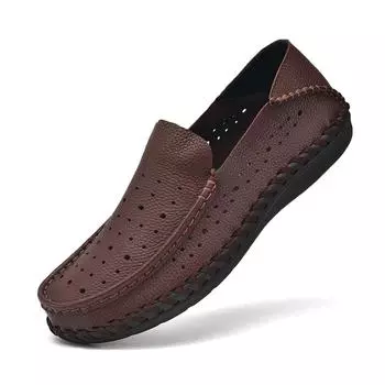 Повседневная обувь из натуральной кожи для мужчин, мужские мокасины, дышащие летние туфли с вырезами, мокасины на плоской подошве 38 коричневый