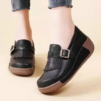 Повседневная обувь из натуральной кожи на танкетке, женская, толстая подошва, увеличивающая рост, платформа, мягкая нескользящая обувь для ходьбы для мам 35 чёрный