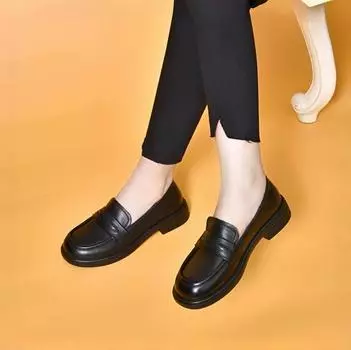 Повседневная обувь, круглые кожаные туфли, женские, черные, первый слой, из коровьей кожи, базовые туфли на ногу 35 чёрный