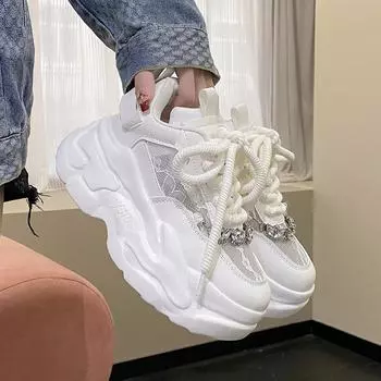 Повседневная обувь на платформе 8 см, женская летняя сетка из искусственной кожи, дышащая, на шнуровке, удобные кроссовки с цепочкой, Zapatos Mujer 35 бежевый