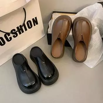 Повседневная обувь на платформе, женская весна 2025, новые туфли-лодочки, уродливые милые туфли с большой головой, маленькие кожаные туфли, тапочки 35 чёрный