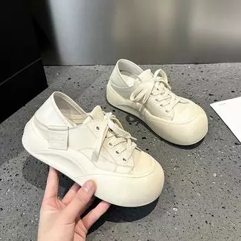 Повседневная обувь на толстой подошве, обувь с большой головой, кожаные туфли на резинке 35 белый