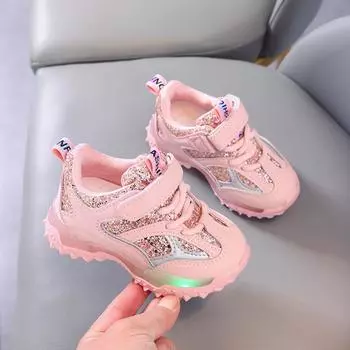 Повседневная обувь со светодиодной подсветкой. Детские кроссовки с блестками. Спортивные новые детские кроссовки. 21 розовый