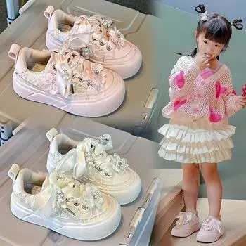 Повседневная обувь в национальном стиле для девочек, осенние детские кроссовки в стиле принцессы со стразами и жемчугом в студенческом стиле 26 розовый