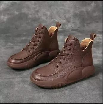 Повседневная обувь в стиле ретро с высоким берцем 2024 года, осень/зима, новые женские туфли на толстой подошве с высоким берцем и бархатом, кроссовки на платформе Traf 36 коричневый