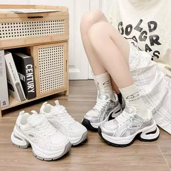 Повседневная обувь Женская обувь Lovers Leather Dad Platform Chunky Sneakers Harajuku Flat Thick Sole Tenis Wedge White Basket Jogging Shoes 35 серебряный