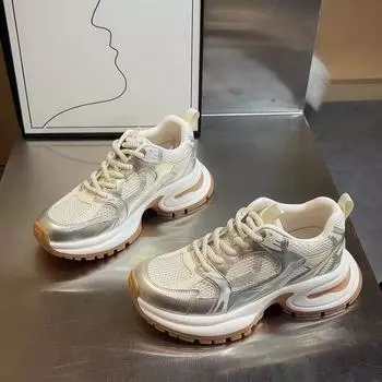 Повседневная обувь Женская обувь Lovers Leather Dad Platform Chunky Sneakers Harajuku Flat Thick Sole Tenis Wedge White Basket Walking Shoes 35 серебряный