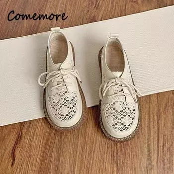 Повседневная обувь Женские плоские кроссовки Женские туфли на платформе 2024 Женские туфли на плоской подошве со шнуровкой Женские туфли Лоферы Zapatos Mujer 35 бежевый