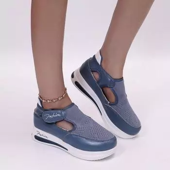 Повседневная обувь, женские весенние и летние модели, Повседневная обувь из дышащей сетки с плоской подошвой и липучками 43 чёрный