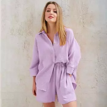 Повседневная одежда для сна, хлопковые пижамы для женщин, комплекты костюма с отложным воротником, рукава девять четвертей, топы для сна, шорты, женская домашняя одежда XS розы красного