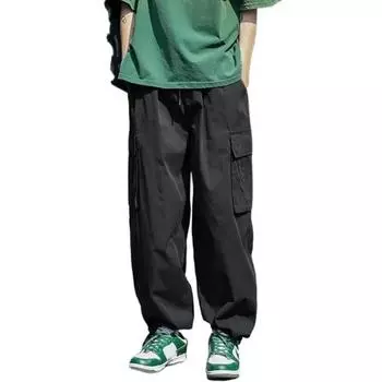 Повседневная одежда, мужские брюки-карго с завязками на щиколотке, модные широкие брюки с несколькими карманами M чёрный