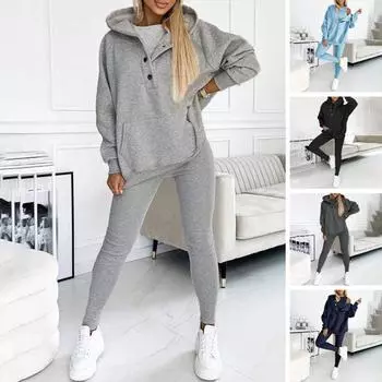 Повседневная одежда, толстовка с длинными рукавами и капюшоном, брюки для бега, цветной удобный однотонный спортивный костюм S чёрный