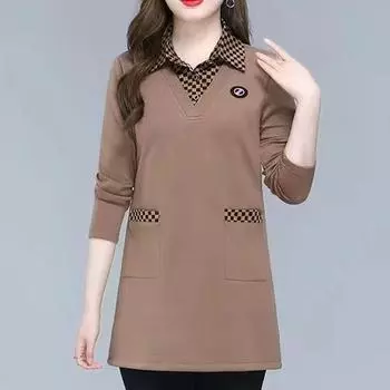 Повседневная однотонная клетчатая блузка с вставками, женская одежда, отложной воротник, весна-осень, длинный рукав, модные карманы, миди-рубашка XXXXL чёрный