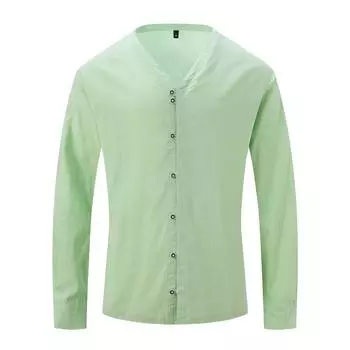 Повседневная однотонная мужская рубашка из хлопка и льна с V-образным вырезом и длинным рукавом на пуговицах, весна-осень S белый