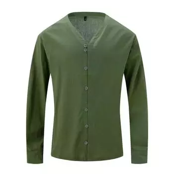 Повседневная однотонная мужская рубашка из хлопка и льна с V-образным вырезом и длинным рукавом на пуговицах, весна-осень S белый