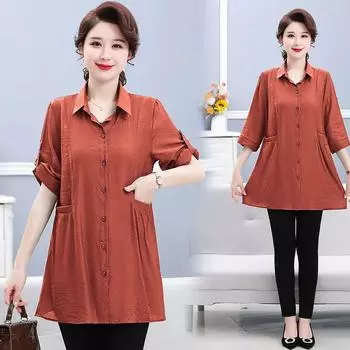 Повседневная однотонная рубашка миди для поездок на работу, однобортная, модная, с отложным воротником, летняя, рукав 3/4, женская одежда, карманы, блузка XXXXXL синий