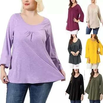 Повседневная однотонная рубашка с длинным рукавом для женщин с круглым вырезом, свободной талией, длинным рукавом, сборками, простая рубашка для отдыха, дышащая, легкая, мягкая, с большим верхом