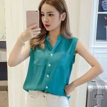 Повседневная однотонная свободная рубашка без рукавов для женщин с большим карманом, простой и свежий жилет с V-образным вырезом S белый
