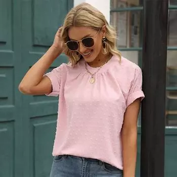 Повседневная однотонная жаккардовая шифоновая рубашка для женщин, лето 2023, свободные пуловеры с короткими рукавами, блузки, женские элегантные топы с круглым вырезом 25184 S небесно-голубой