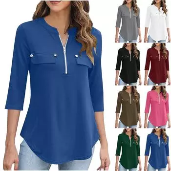 Повседневная однотонная женская футболка с несколькими карманами на молнии и рукавом 3/4 XL синий