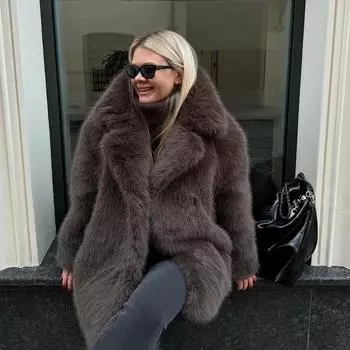 Повседневная однотонная женская шуба с городским лацканом, имитация лисьего меха, плюшевые пальто для женщин 2025 года, осень-зима, светская львица, женское пальто из меха S жёлтый