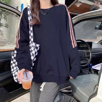 Повседневная осенняя толстовка женская свободная полосатая куртка с длинным рукавом модный топ XL темно-синий