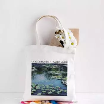 Повседневная парусиновая женская сумка с кувшинками и графическим принтом в стиле Харадзюку, новая винтажная сумка-тоут Ulzzang большой вместительности