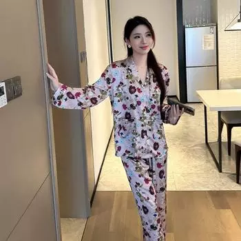 Повседневная пижама с длинными рукавами и цветочным принтом для женщин, осенний удобный комплект из сезонной домашней пижамы из ледяного шелка M