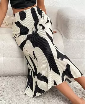 Повседневная плиссированная длинная юбка с графическим принтом, женская осенняя модная эластичная юбка-миди с высокой талией и геометрическим рисунком, уличная одежда S