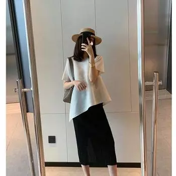 Повседневная плиссированная футболка с неровным краем и короткими рукавами для женщин. Топы L чёрный