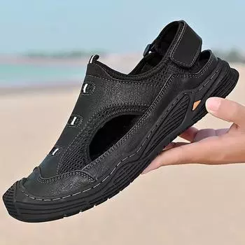 Повседневная пляжная обувь, мужские сандалии из воловьей кожи большого размера с мягкой подошвой и дырочками 38
