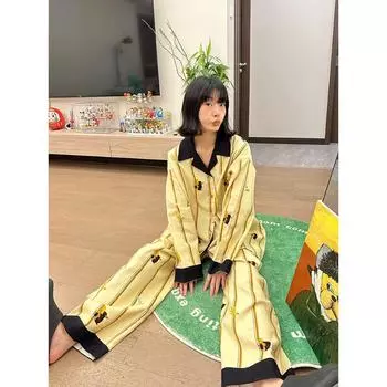 Повседневная полосатая пижама с длинными рукавами и принтом животных из мультфильмов для женщин, весна и осень, новый комплект из 2 предметов для дома больших размеров S