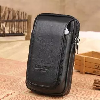 Повседневная поясная сумка из натуральной кожи с застежкой-молнией и крючком для ремня с несколькими карманами для телефона чёрный