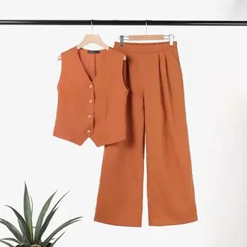 Повседневная повседневная одежда, женский жилет без рукавов и брюки, комплект из двух предметов S оранжевый
