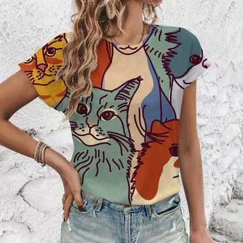 Повседневная повседневная удобная футболка с круглым вырезом, модная тенденция, простая свободная футболка высокого качества, новая женская футболка с милым кошачьим принтом S
