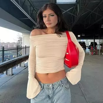 Повседневная приталенная футболка с вырезом под горло, женские однотонные сексуальные укороченные топы с расклешенными рукавами, женские футболки, элегантная лоскутная плиссированная футболка 30616 S абрикосовый