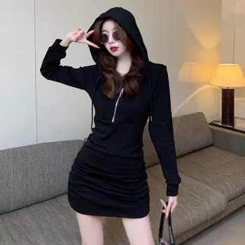 Повседневная простая однотонная молния с длинным рукавом и капюшоном, короткая стильная сумка, платье-свитер на бедрах L